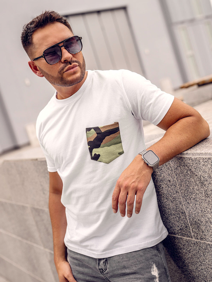 Bijeli pamučni muški t-shirt s džepom i printom u maskirnom uzorku Bolf 14507A