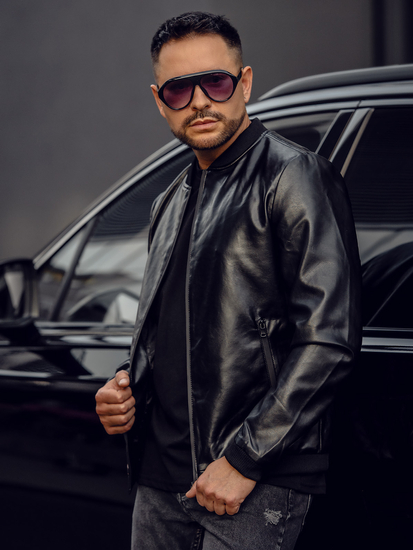 Crna muška kožna bomber jakna Bolf 6803A