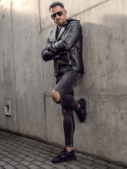 Crna bikerska kožna jakna muška s kapuljačom biker Bolf 11Z8005