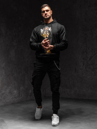 Crna s printom dukserica muška s kapuljačom Bolf 6141