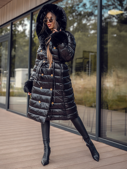Crni dugi pikirani kaput za žene zimski s kapuljačom Bolf 5M3160