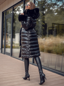 Crni dugi pikirani kaput za žene zimski s kapuljačom Bolf 5M3160