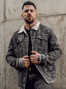 Crna muška traper jakna trucker podstavljena s krznenim ovratnikom Bolf 1160