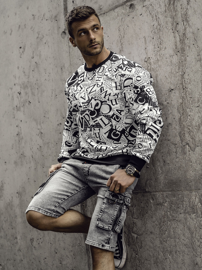 Crno-bijela majica za muškarce bez kapuljače s printom Bolf 8B1135A