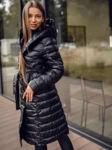 Ženska dugačka prošivena zimska jakna s kapuljačom Crna Bolf 5M3159