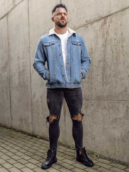 Plava muška traper jakna trucker podstavljena s krznenim ovratnikom Bolf 1157