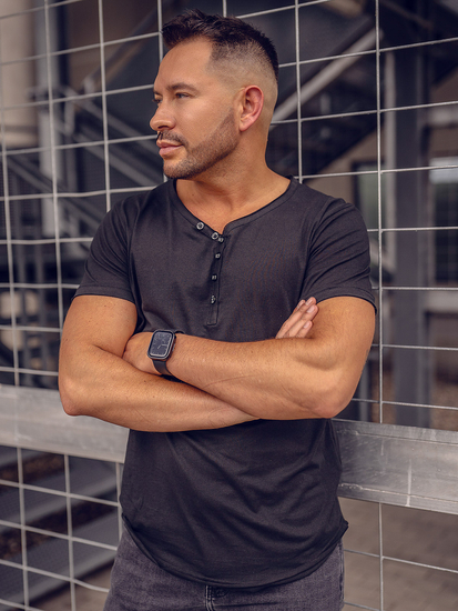 Crna pamučna muška majica V-izreza bez printa Bolf 4049A