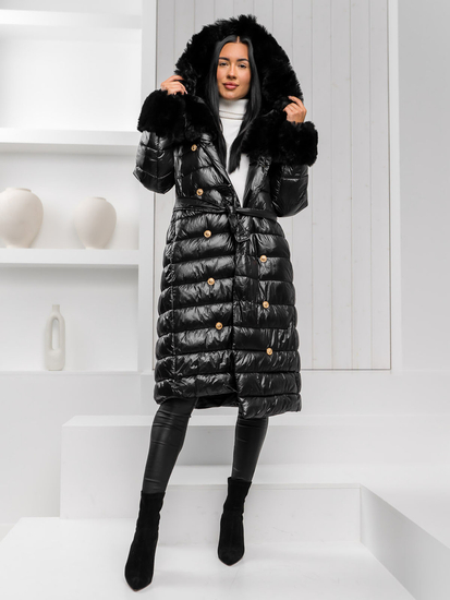 Ženski zimski dugi prošiveni kaput s kapuljačom crni Bolf 5M3160A