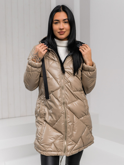 Ženska dugačka prošivena zimska jakna s kapuljačom Bež Bolf 5M3189