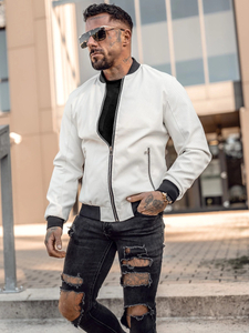 Muška kožna bomber jakna Bijela Bolf 7110A2
