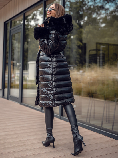 Crni dugi pikirani kaput za žene zimski s kapuljačom Bolf 5M3160