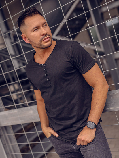 Crna pamučna muška majica V-izreza bez printa Bolf 4049A