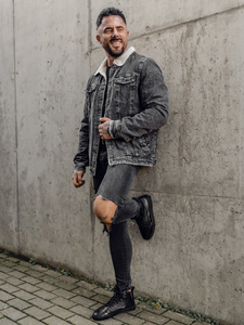 Crna muška traper jakna trucker podstavljena s krznenim ovratnikom Bolf 1160