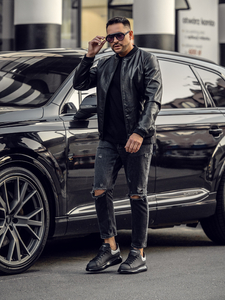 Crna muška kožna bomber jakna Bolf 6803A