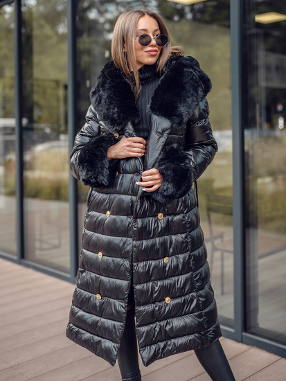 Crni dugi pikirani kaput za žene zimski s kapuljačom Bolf 5M3160