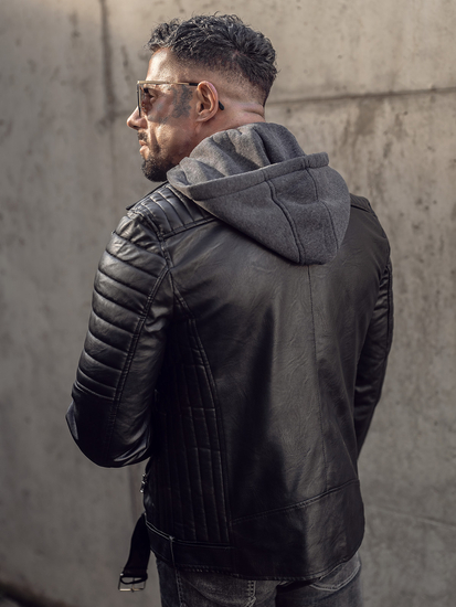 Crna bikerska kožna jakna muška s kapuljačom biker Bolf 11Z8005