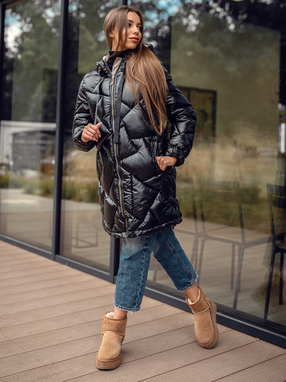Crni dugi prošiveni ženski zimski kaput s kapuljačom Bolf 5M3189