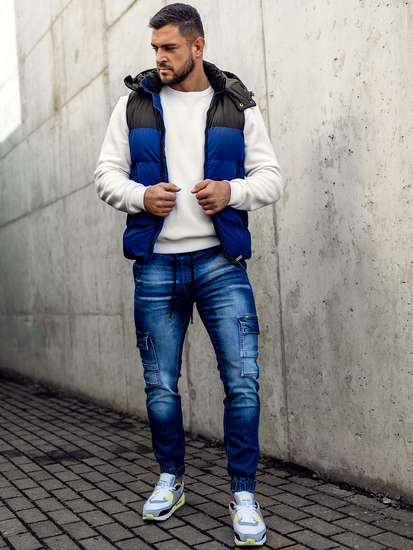 Tamnoplavi prošiveni prsluk muški s kapuljačom Bolf 1189