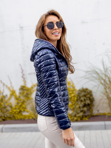 Tamnoplava prošivena prijelazna ženska jakna s kapuljačom Bolf 9752