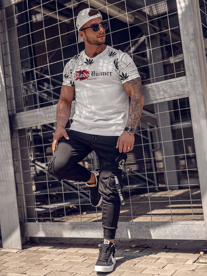 Bijeli pamučni muški t-shirt s printom Bolf 14744A