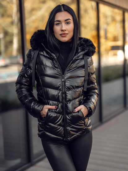 Ženska prošivena zimska jakna s kapuljačom Crna Bolf 5M3138A