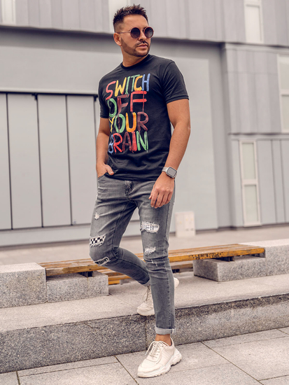 Crna muška majica s printom Bolf 1181A