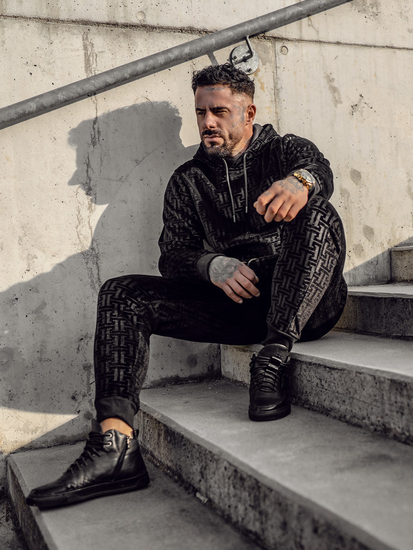 Crna trenirka od velura muška s kapuljačom Bolf 3A81