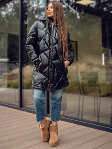 Crni dugi prošiveni ženski zimski kaput s kapuljačom Bolf 5M3189