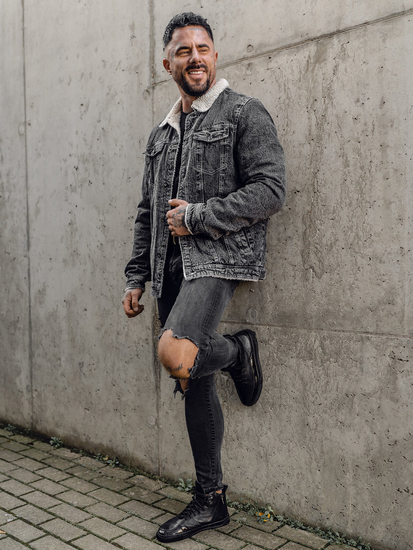 Crna muška traper jakna trucker podstavljena s krznenim ovratnikom Bolf 1160