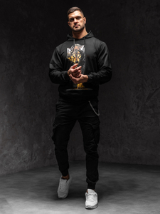 Crna s printom dukserica muška s kapuljačom Bolf 6141