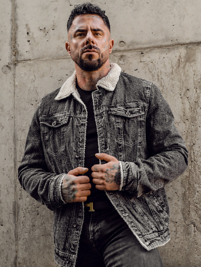 Crna muška traper jakna trucker podstavljena s krznenim ovratnikom Bolf 1160