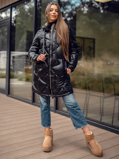 Crni dugi prošiveni ženski zimski kaput s kapuljačom Bolf 5M3189