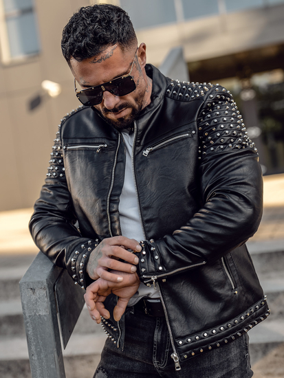 Crna kožna jakna s metalnim ukrasima Bolf 11Z8007