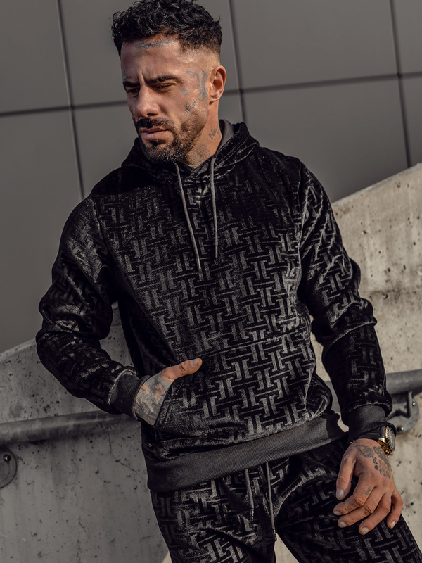 Crna trenirka od velura muška s kapuljačom Bolf 3A81