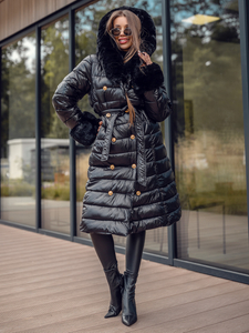 Crni dugi pikirani kaput za žene zimski s kapuljačom Bolf 5M3160