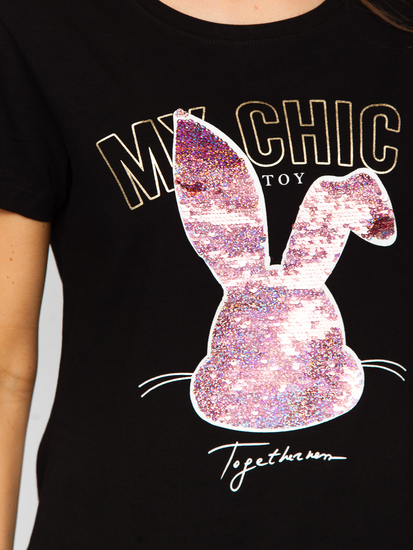 Crna majica s nitima ženska s printom Bolf DT059