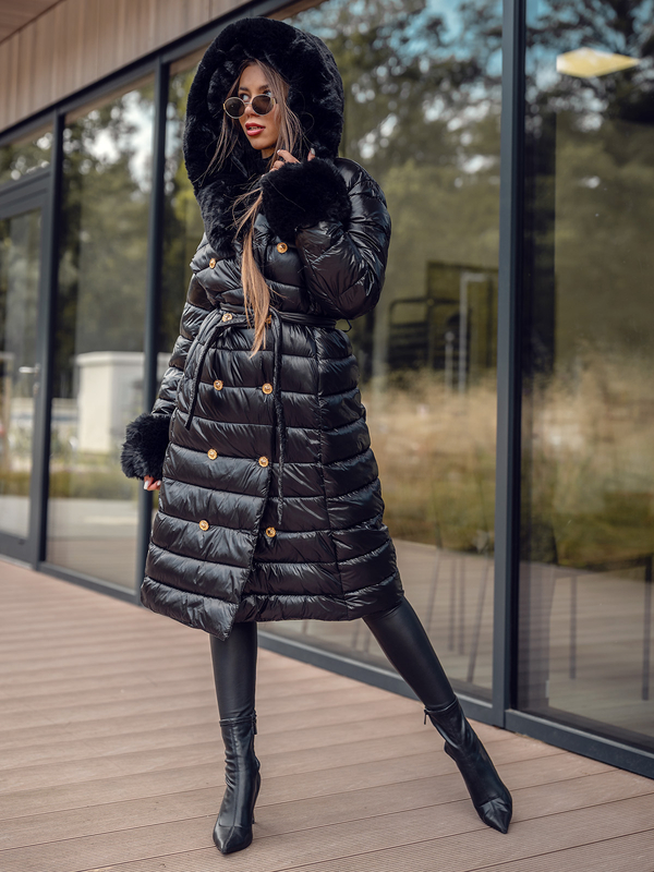 Crni dugi pikirani kaput za žene zimski s kapuljačom Bolf 5M3160