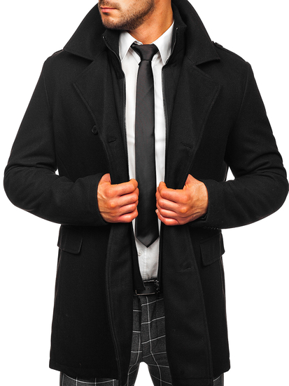 Crni dvoredni kaput muški zimski s odvojivim dodatnim stojećim ovratnikom Bolf 8805