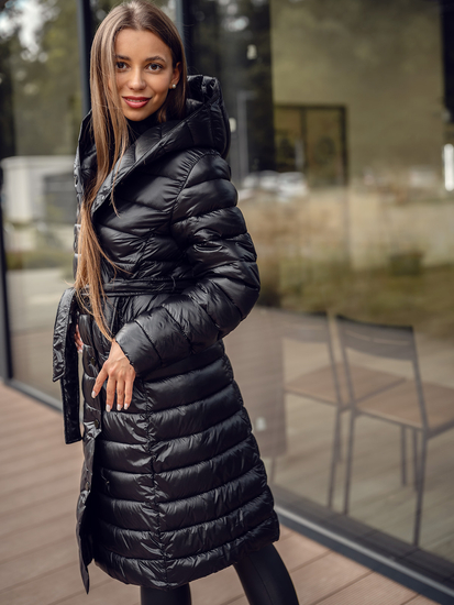 Ženska dugačka prošivena zimska jakna s kapuljačom Crna Bolf 5M3159