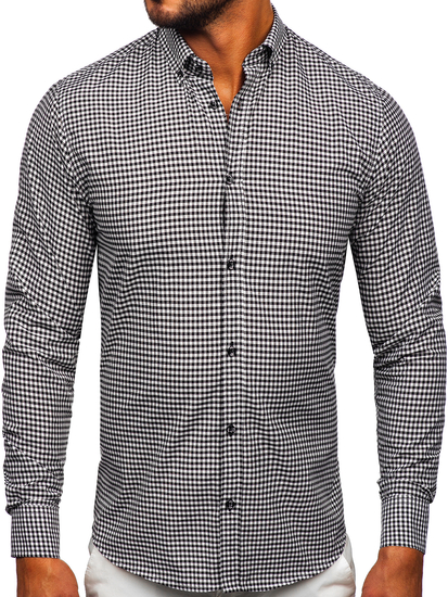 Crna muška košulja s uzorkom kockica s dugim rukavima Bolf 22745