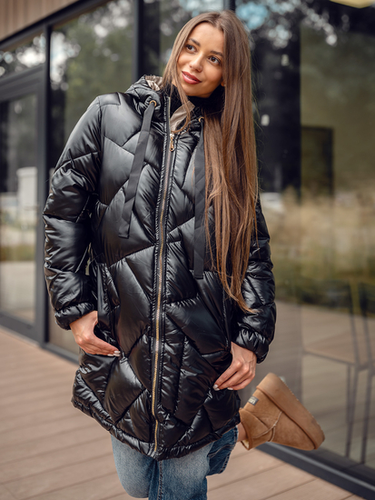 Crni dugi prošiveni ženski zimski kaput s kapuljačom Bolf 5M3189