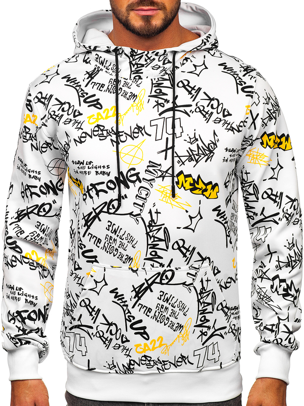 Bijela dukserica muška s kapuljalčom klokan džepom i printom Bolf 8B1101