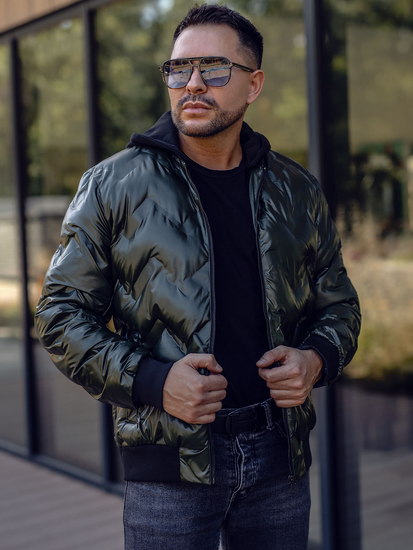 Zelena prijelazna muška bomber jakna s kapuljačom Bolf 6590