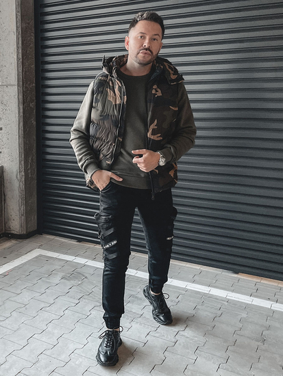 Khaki prošiven prsluk muški s kapuljačom camo Bolf 6876