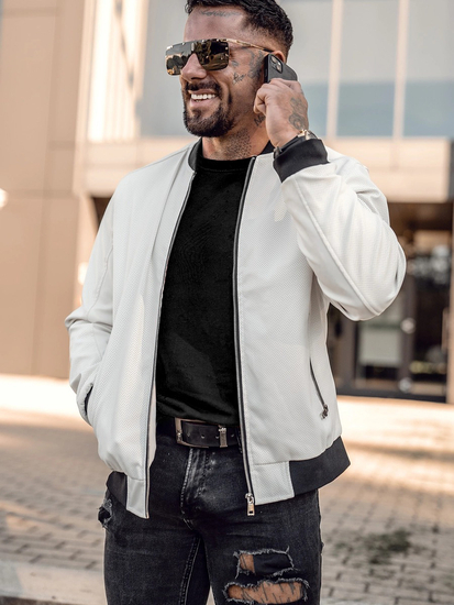 Muška kožna bomber jakna Bijela Bolf 7110A2