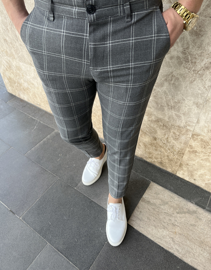 Elegantne muške hlače na kockice Antracit Bolf 0036