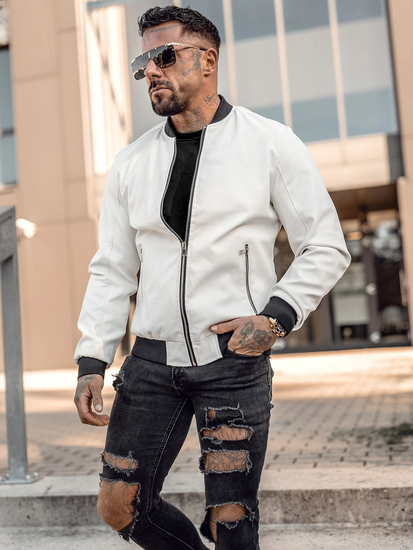 Muška kožna bomber jakna Bijela Bolf 7110A2