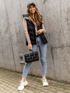 Crna dugi prošiveni prsluk ženski s kapuljačom Bolf 7051A