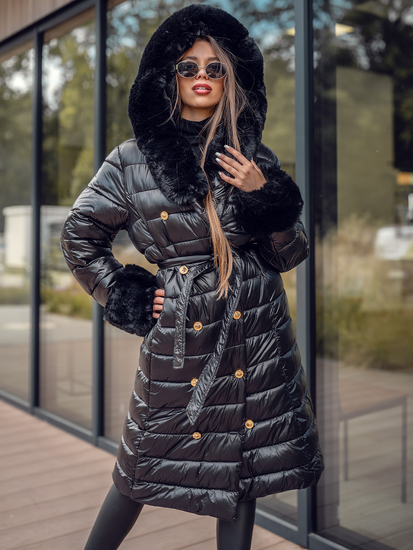 Crni dugi pikirani kaput za žene zimski s kapuljačom Bolf 5M3160