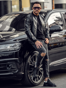 Crna muška kožna bomber jakna Bolf 6803A